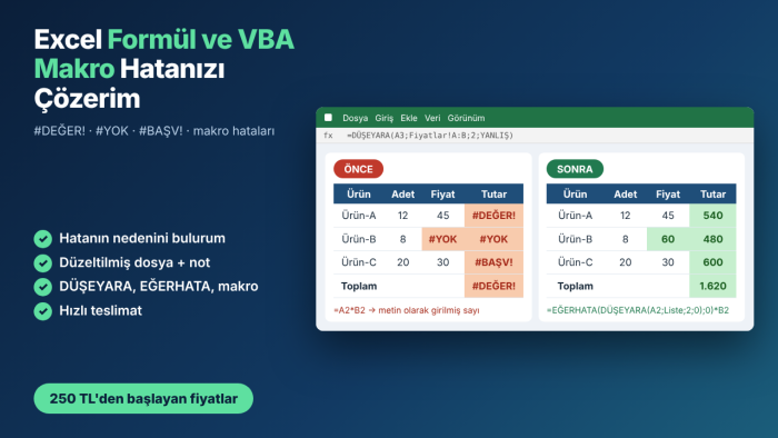 Excel formül ve VBA makro hatanızı hızlıca çözerim
