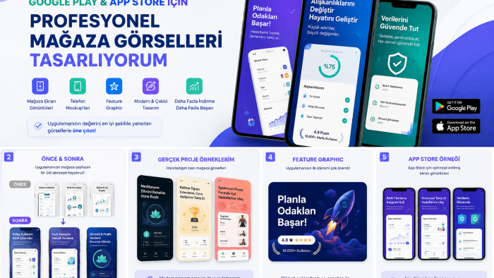 Google Play ve App Store mağaza görselleri tasarlıyorum