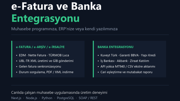 e-fatura ve banka entegrasyonunu sisteminize kurabilirim