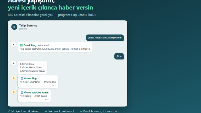 takip ettiğiniz siteler için Telegram botu kurarım