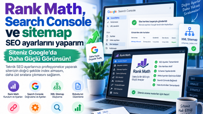 Rank Math, Search Console ve sitemap SEO ayarlarını yaparım