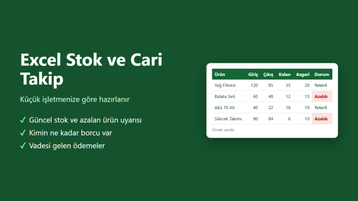 Excel stok ve cari takip dosyanızı hazırlarım