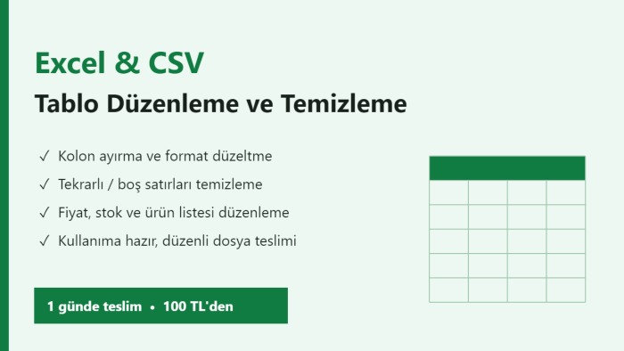 excel ve csv tablolarınızı düzenleyip temizlerim