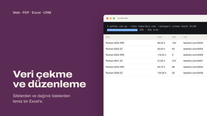 sitelerden veri çeker, dağınık listeleri Excel'e düzenlerim