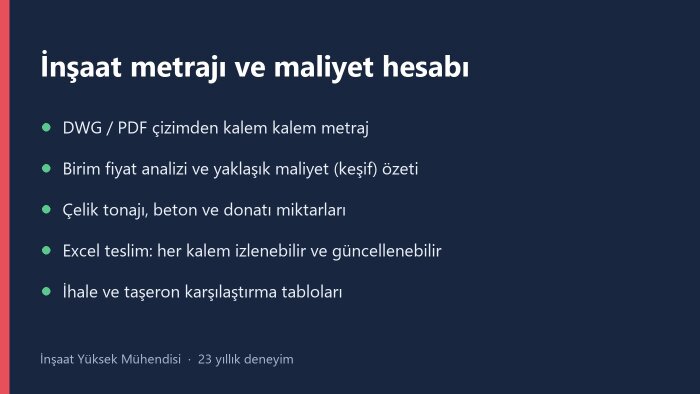 inşaat metrajı ve maliyet hesabı yaparım