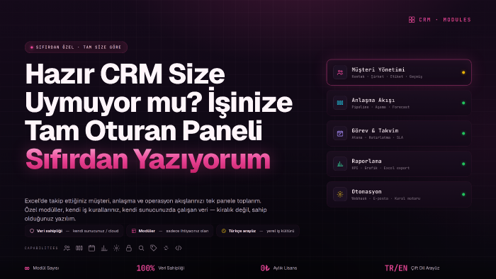 işletmenize özel CRM ve yönetim paneli geliştiririm