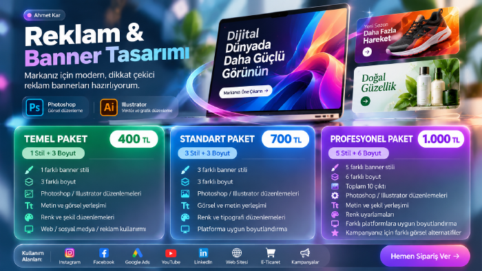 istediğiniz stilde reklam ve banner tasarımı yaparım