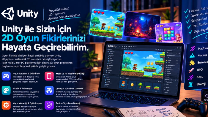 unity ile sizin 2D oyun fikirlerinizi gerçekleştirebilirim