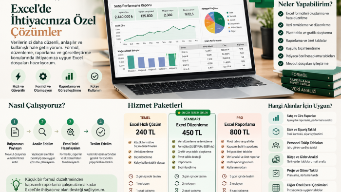Excel formül, veri düzenleme ve raporlama işleri yaparım