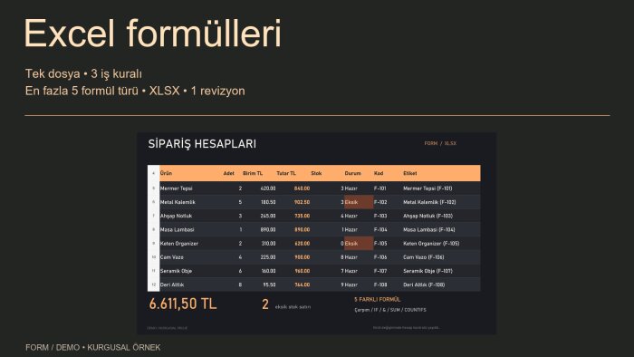 Excel dosyanızda iş kurallarınıza uygun hesaplar hazırlarım