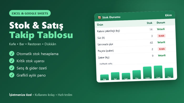 işletmeniz için Excel stok ve satış takip tablosu yaparım