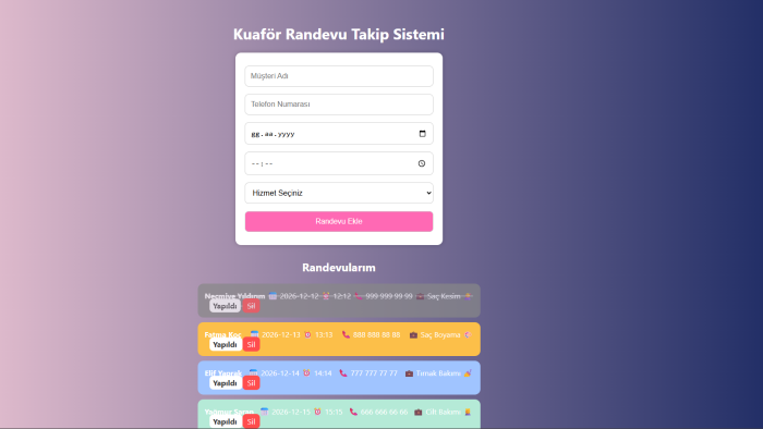 kuaförler için profesyonel bir randevu sistemi geliştiririm
