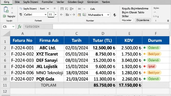 Excel tablosu hazırlarım