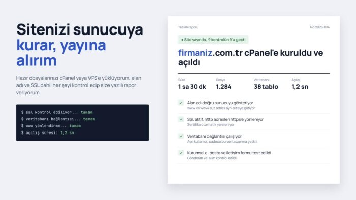 sitenizi sunucuya kurar, alan adı ve SSL ile yayına alırım
