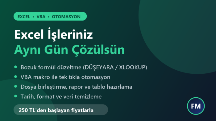 Excel formül, makro ve otomasyon işlerinizi hızla yaparım
