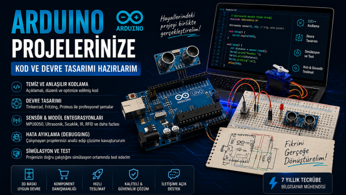 Arduino projelerinize kod ve devre tasarımı hazırlarım