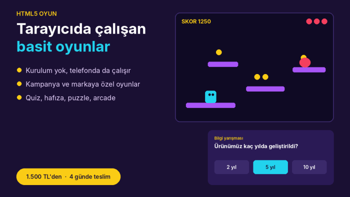 markanız için tarayıcıda çalışan HTML5 oyun yaparım