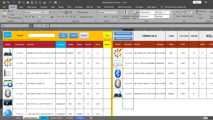 Excel resimli sipariş oluşturma programı yazarım