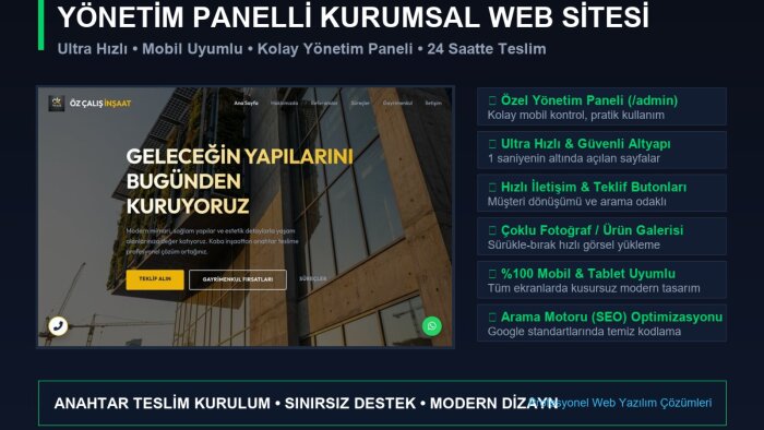 panelli, hızlı ve mobil uyumlu kurumsal web sitesi kurarım