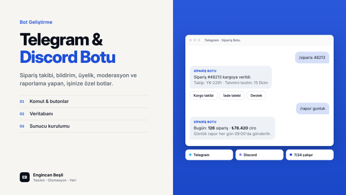 işinize özel Telegram ve Discord botu geliştiririm