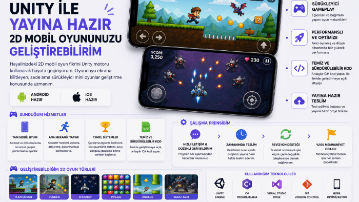 unity ile yayına hazır 2D mobil oyununuzu geliştirebilirim