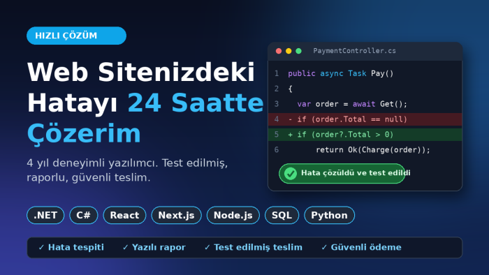 web sitenizdeki hataları 24 saatte çözerim