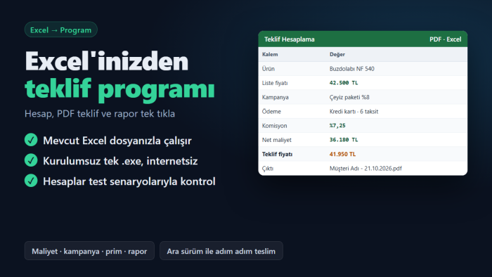 Excel'inizden çalışan hesaplama ve teklif programı yaparım