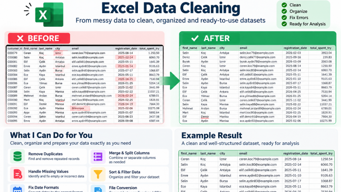 excel ve csv verilerinizi temizler ve düzenlerim
