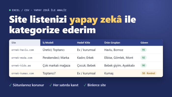 Excel'deki siteleri yapay zekâ ile kategorize ederim