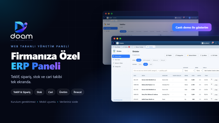 teklif sipariş stok ve cari takibi için ERP paneli kurarım