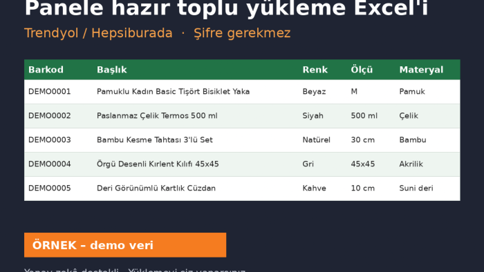 Trendyol, Hepsiburada için toplu yükleme Excel'i hazırlarım