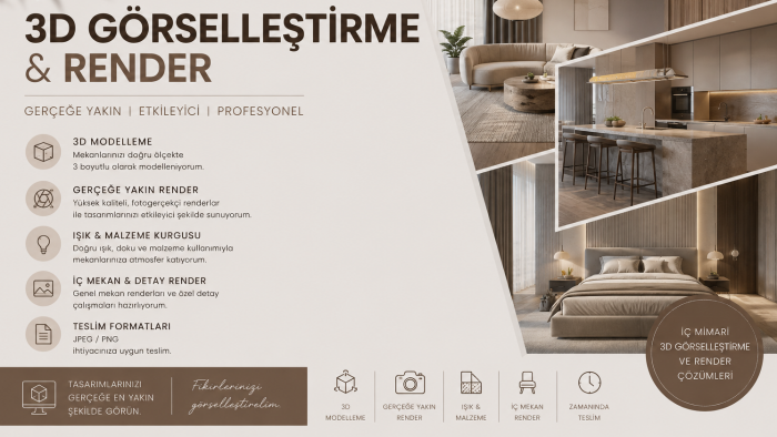 mekan planlarınızı 3D görsel ve render olarak sunabilirim