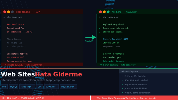 web sitenizdeki hata ve sorunları hızlıca çözerim
