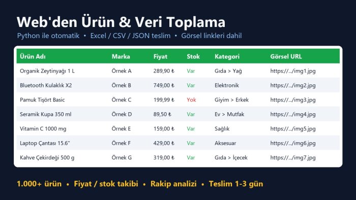 web sitelerinden ürün ve fiyat verilerini Excel'e toplarım
