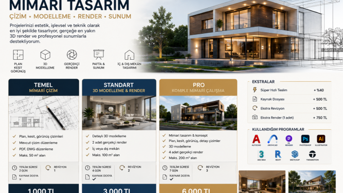mimari tasarım, çizim, modelleme, render ve sunum hazırlarım