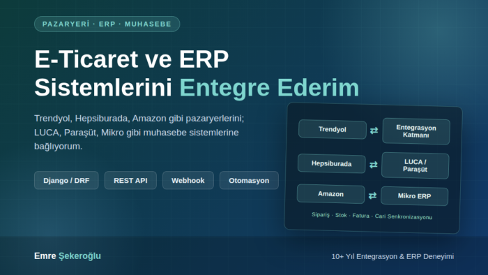e-ticaret ve ERP sistemleri arası entegrasyon yaparım