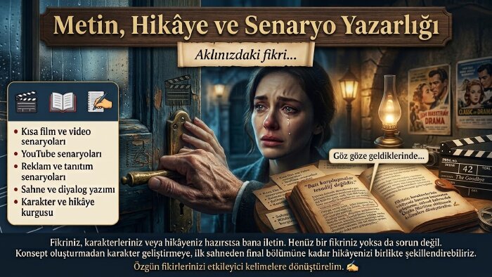 senaryo, hikâye ve yaratıcı metinlerinizi kaleme alabilirim