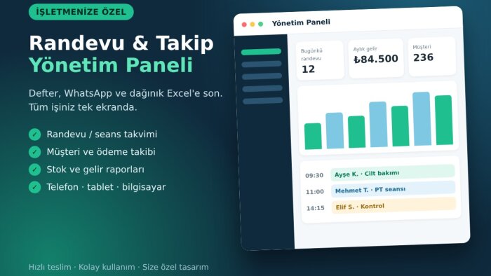 işletmenize özel randevu ve takip paneli yaparım