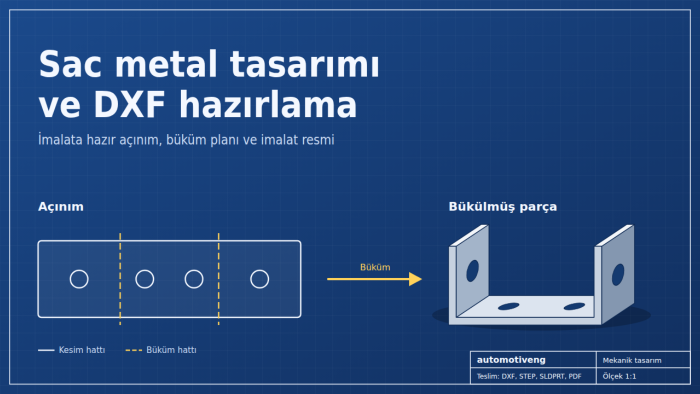 sac metal parçaları tasarlar, açınım, DXF dosyasını hazırlarım