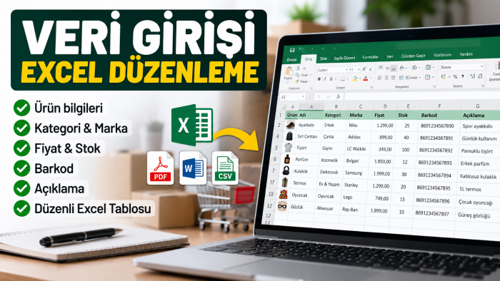 ürün veri girişi ve Excel düzenlemeyi kusursuz yaparım