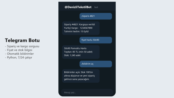 işletmeniz için 7/24 çalışan Telegram botu yazarım