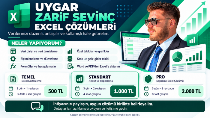 Excel verilerinizi düzenler, tablolar ve raporlar hazırlarım