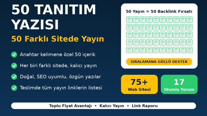 50 web sitesinde tanıtım yazısı hizmeti veriyorum