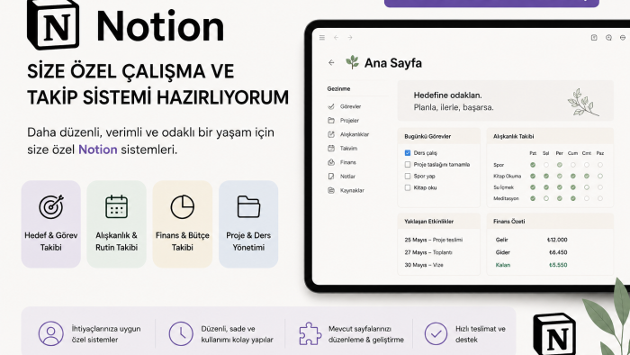 ihtiyaçlarınıza uygun Notion sistemleri oluşturuyorum