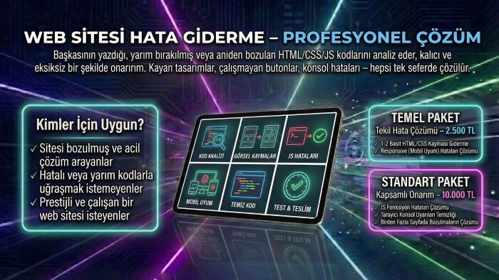 web sitendeki kod hatalarını bulur ve eksiksiz çözerim