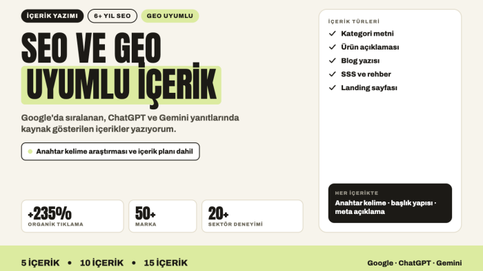 sitenize SEO ve GEO uyumlu içerikler yazarım
