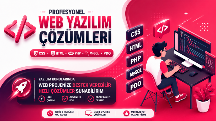 php, html, css ve mysql pdo ile projenizi geliştirebilirim