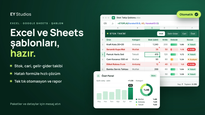 Excel ve Google Sheets formül ve takip şablonu hazırlarım