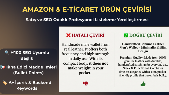 Amazon ve e-ticaret listelemelerinizi SEO uyumlu çeviririm