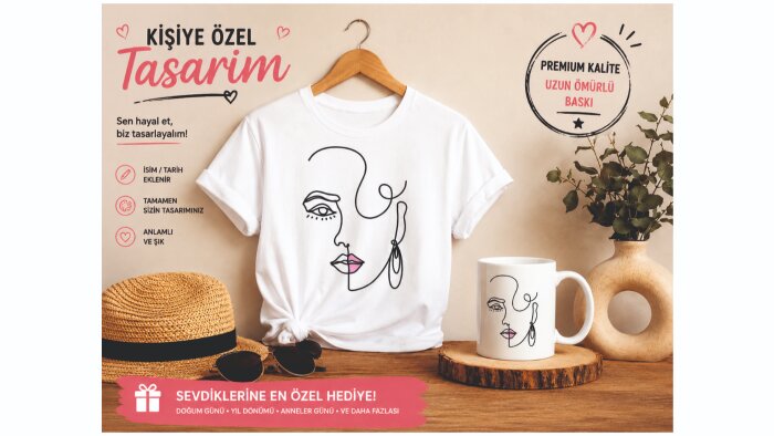 kişiye özel minimal çizim t-shirt ve kupa seti yaparım
